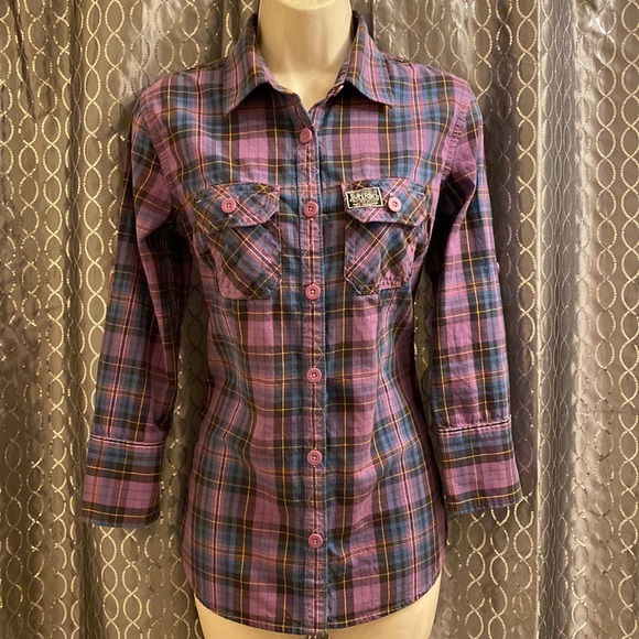 SOLD! SuperDry Co Purple & Blue Plaid Checkered Button Shirt w/Roll-Up Sleeves - Picture 3 of 11